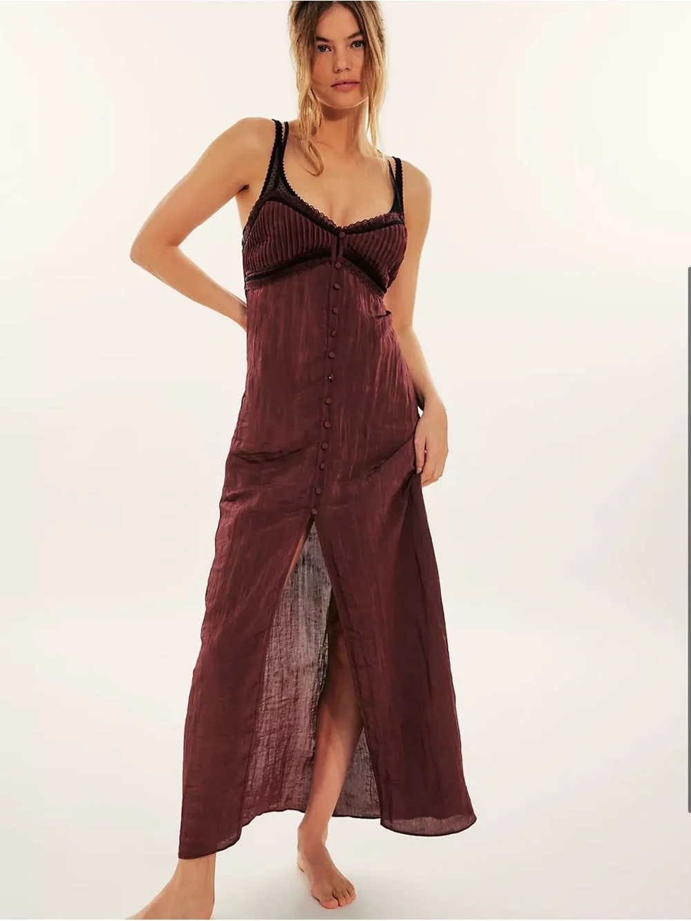 Free People Wine Red Button-Front Slip Maxi Dress Black Lace Trim Small